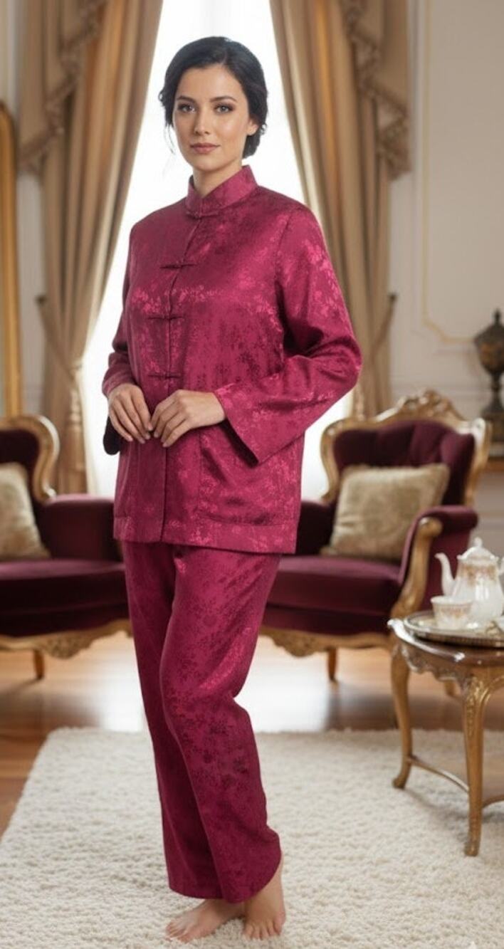 Bloomingdales Asian 3 Peice complete Vtge PJ's with bag Sz M never worn Magenta